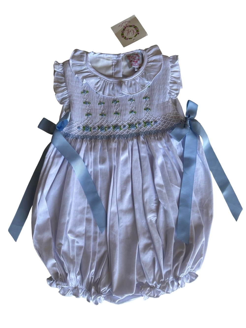 Cecil & Lou NWT White Baby Blue Smocked Bubble Romper Bows 3T - Picture 2 of 6
